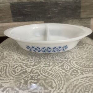 Vintage GlasBake Divided Casserole Dish Blue Floral Pattern Ovenware